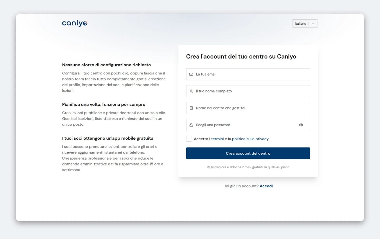 Crea il tuo account Canlyo