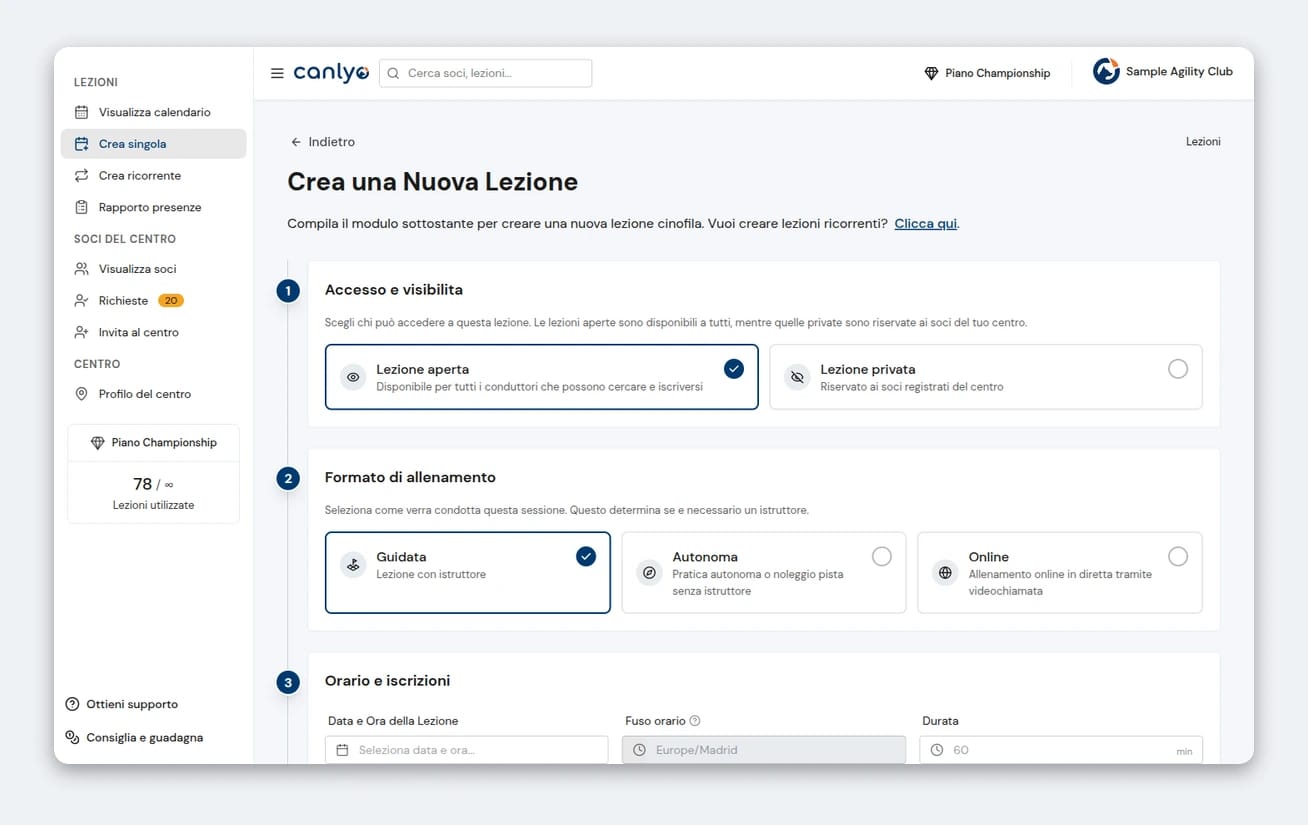 Crea una lezione singola