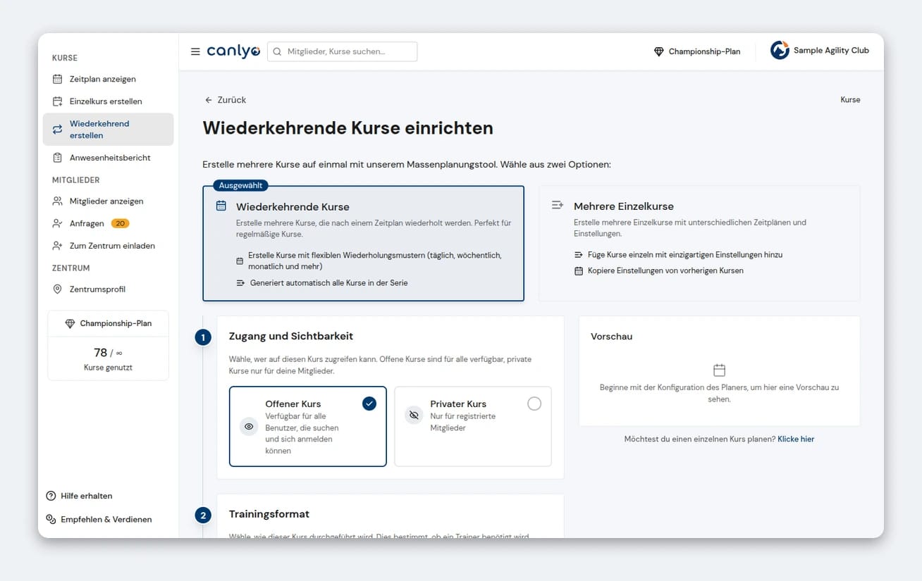 Wiederkehrende Kurse erstellen