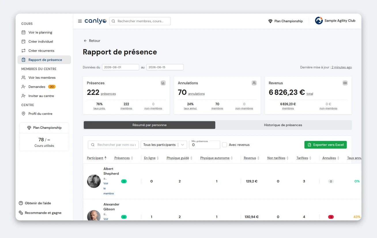 Rapport de présence et de facturation