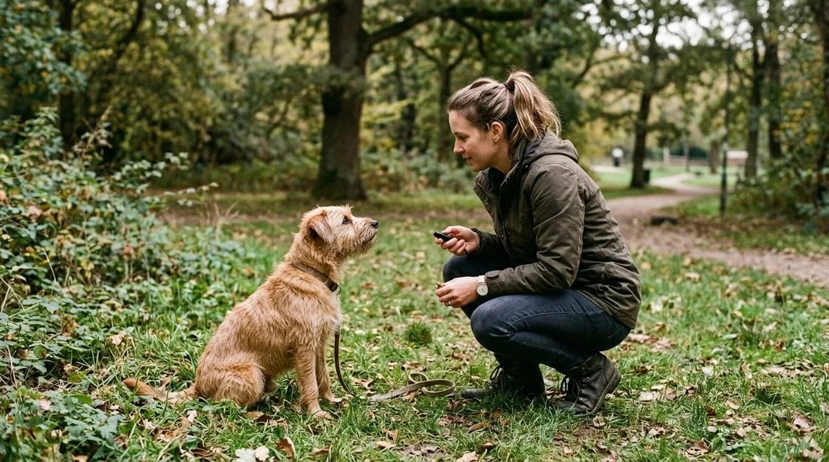 Förare som använder en klicker för att träna en uppmärksam hund i en park