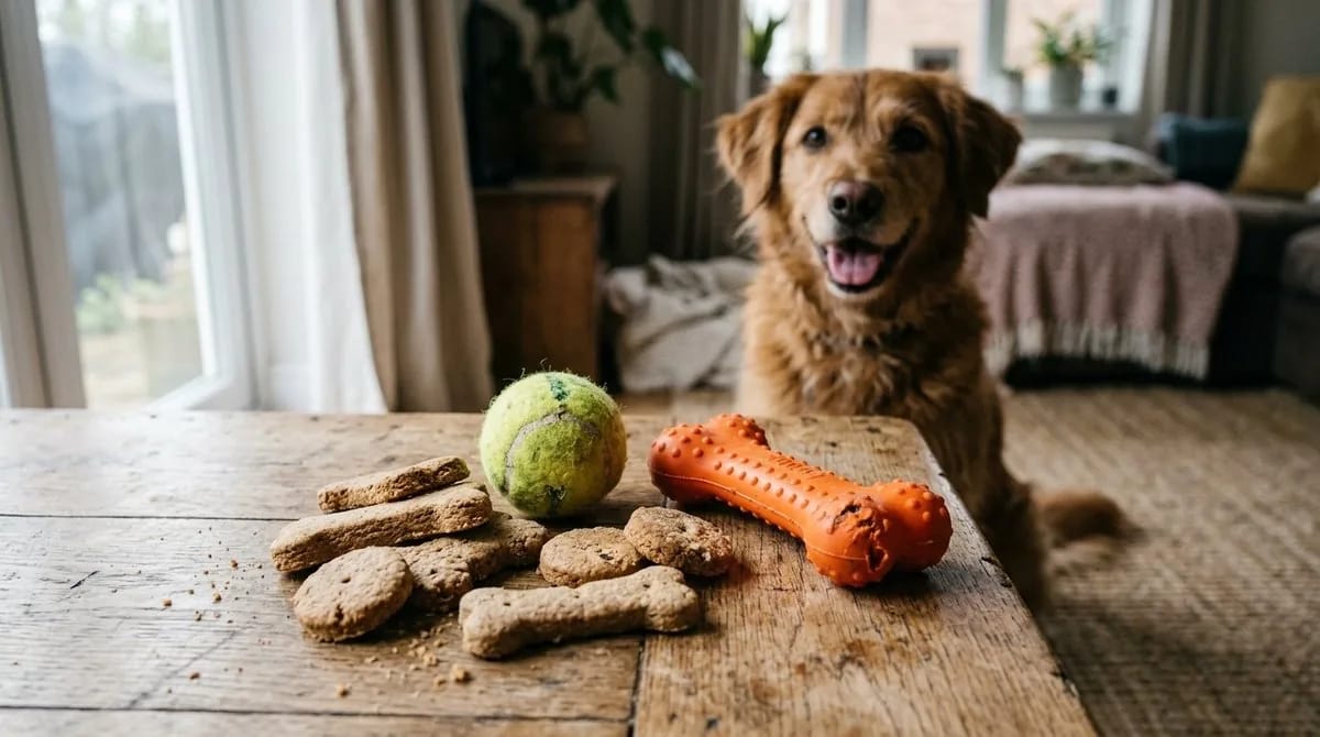 Ett urval av belöningar för hundträning: godbitar, en boll och en leksak