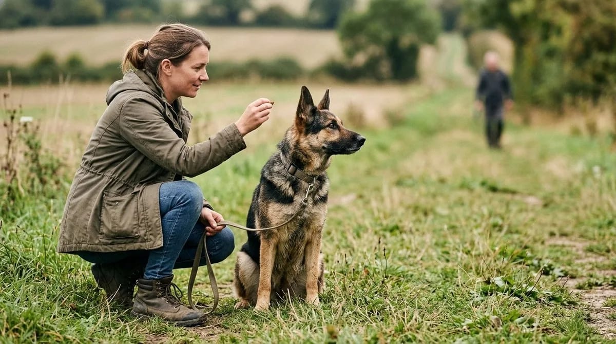 Ägare som belönar en lugn hund medan en annan person passerar på avstånd, övar motbetingning