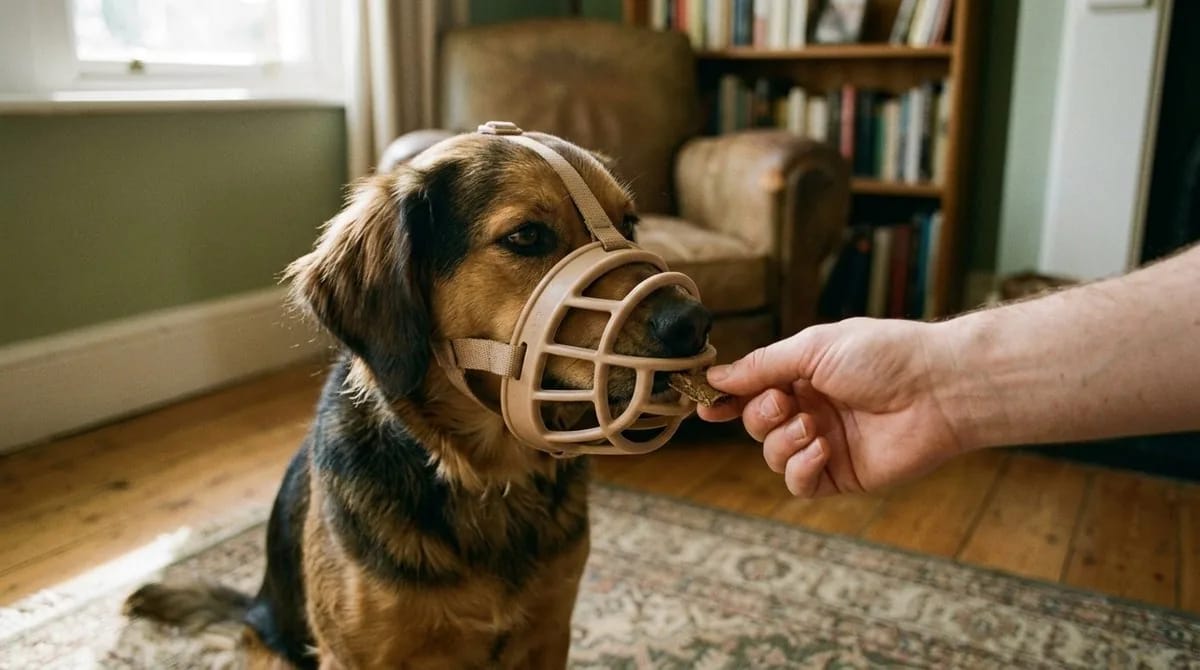 Avslappnad hund med korgmunkorg som tar emot en godbit under positiv träning