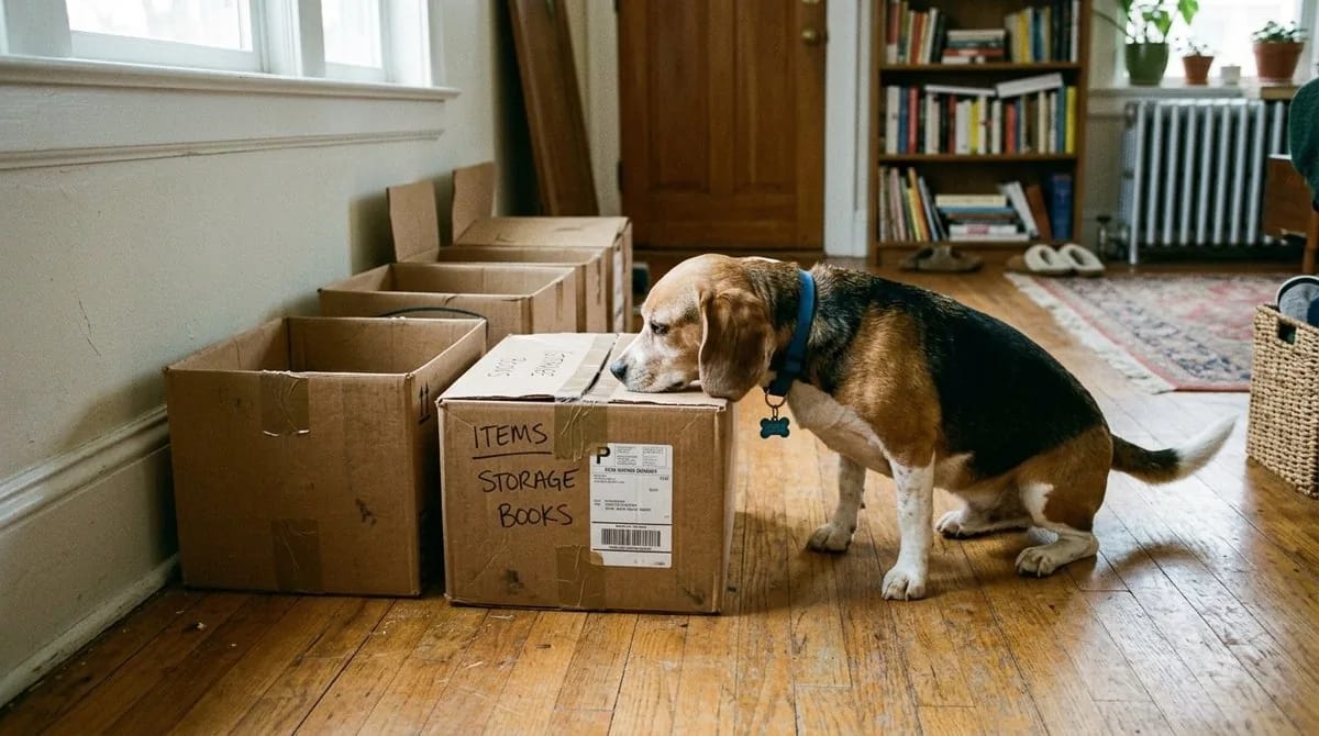 Beagle som söker bland kartonger under en noseworklek