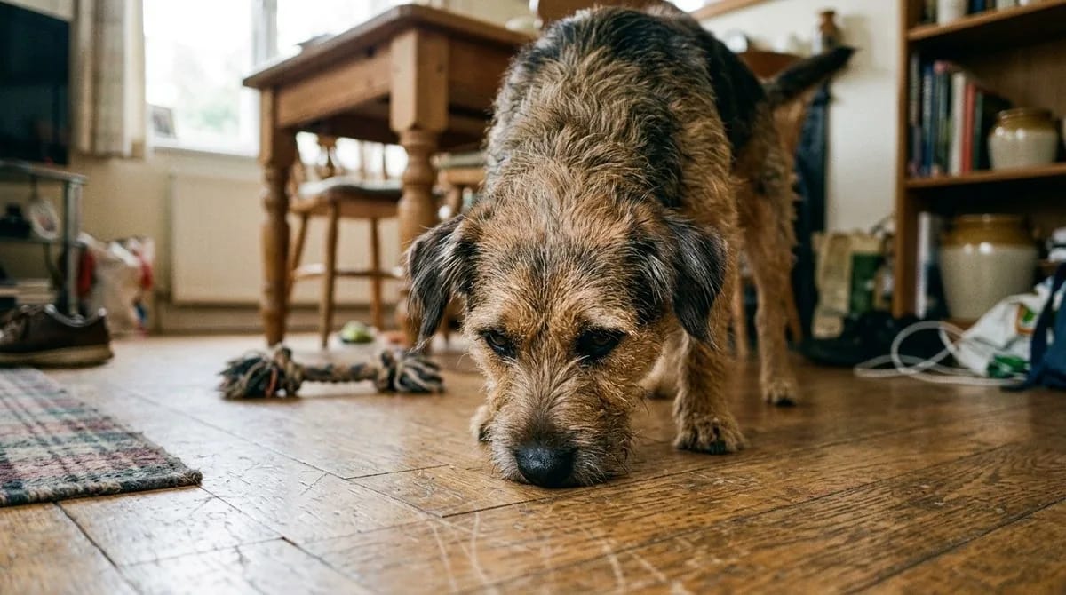 Hund med nosen nere som följer ett spår inomhus