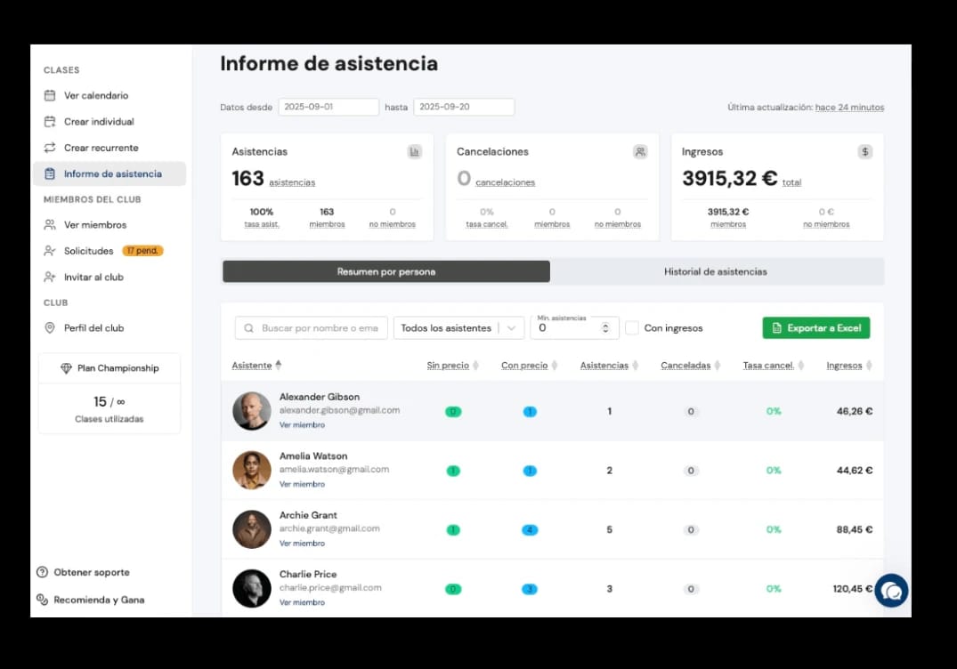 Informe de asistencia y facturación
