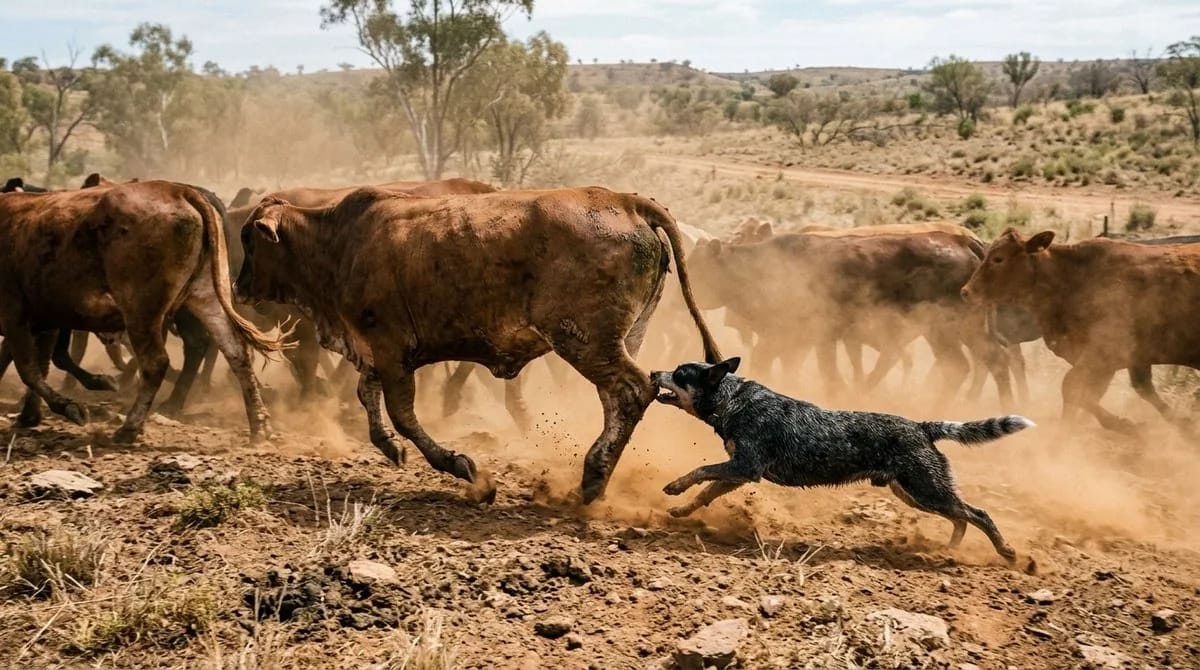 Australian Cattle Dog som hälar boskap på en dammig stig i outbacken