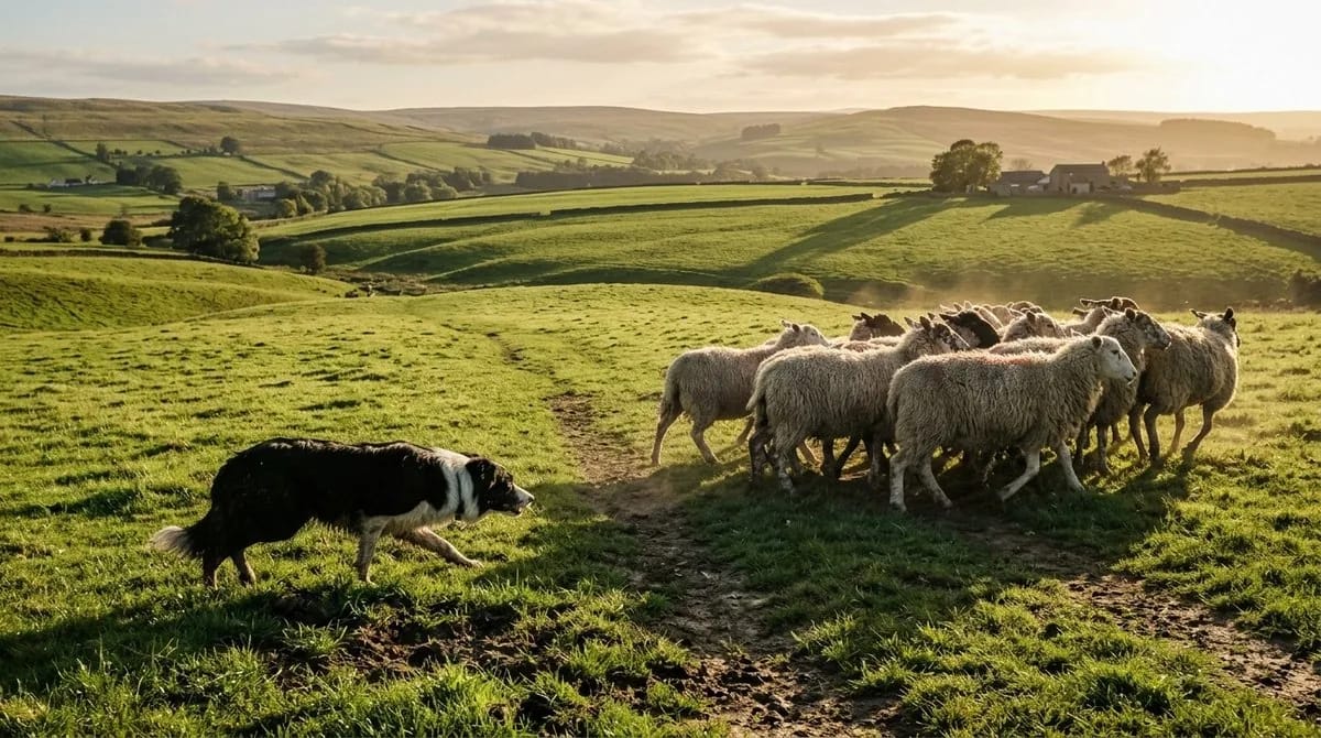 Border Collie som samlar en fårflock över ett kuperat fält