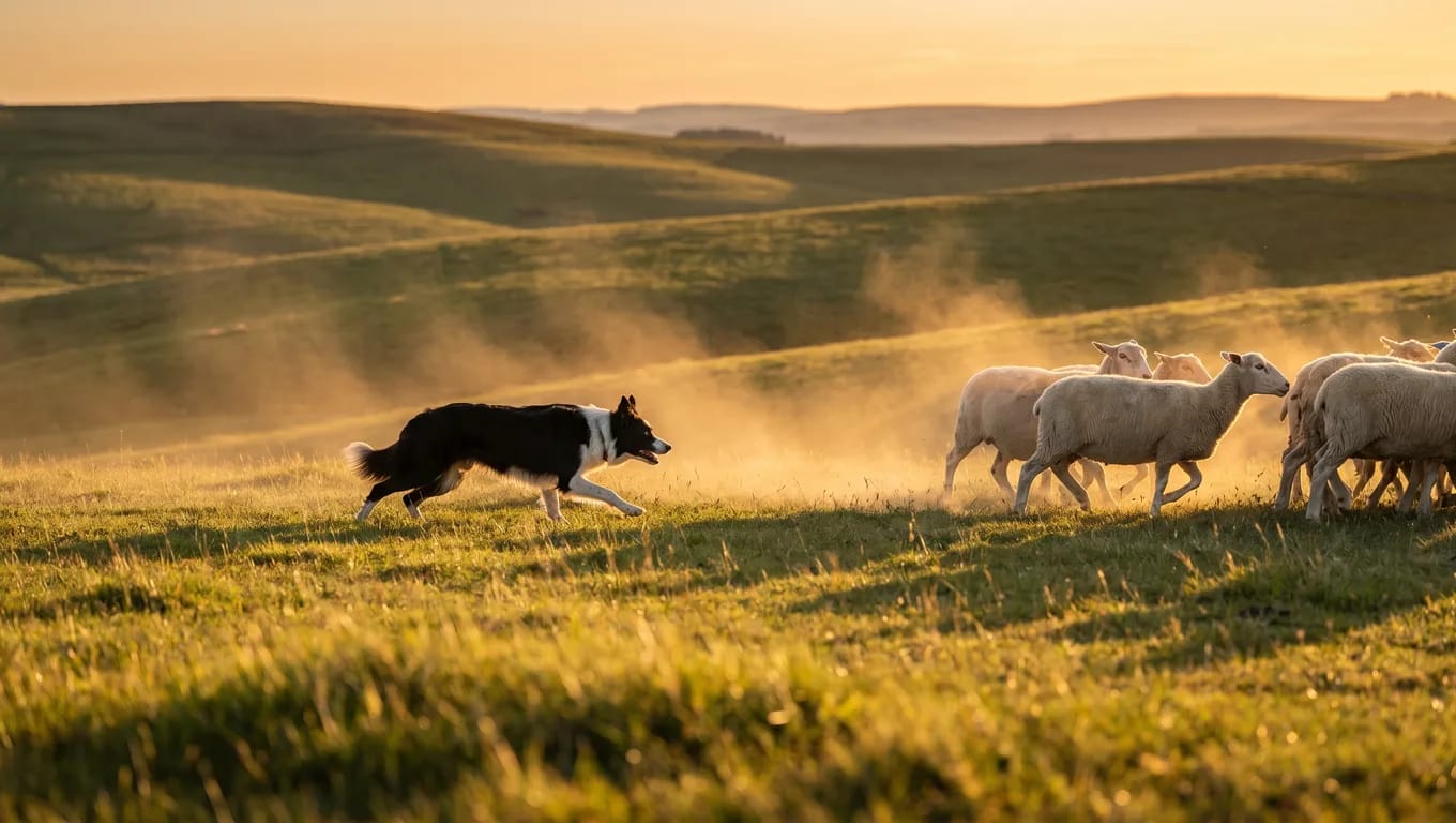 Border Collie i låg arbetsställning som vallar en fårflock över ett grönt fält i gyllene kvällsljus
